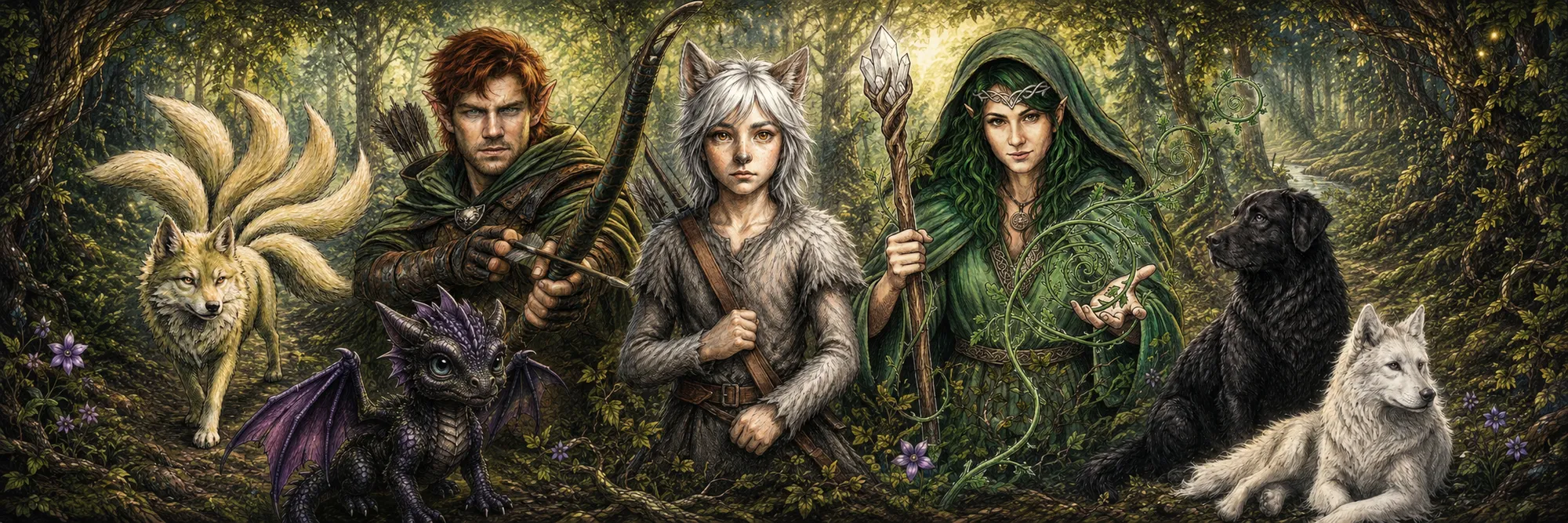 The heroes of the Wyldborne Saga gathered in an ancient forest